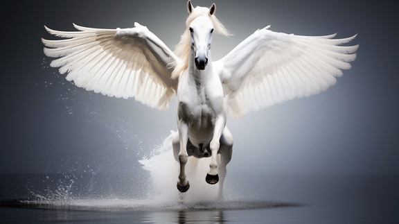 Beautiful white Pegasus with wings running in water