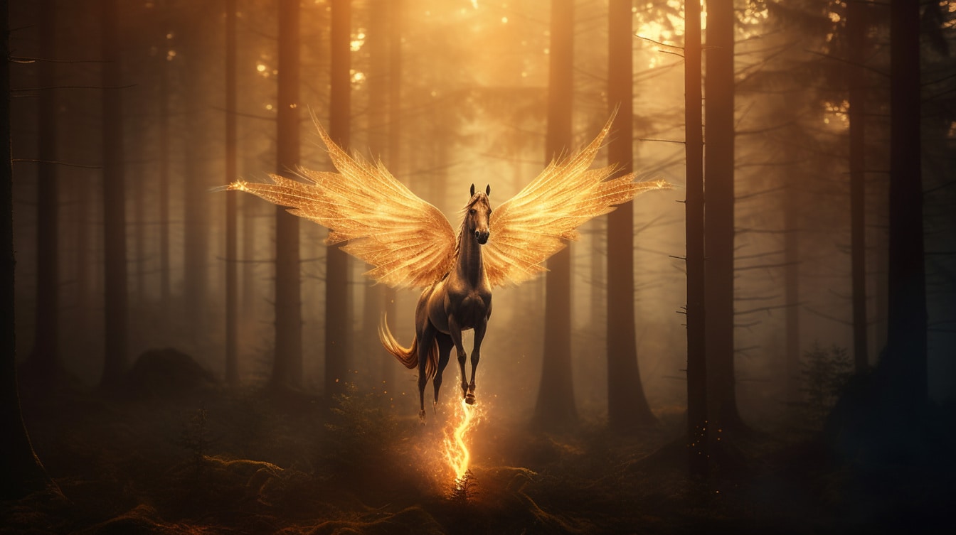 Majestätisk saga Pegasus med spetsvingar i magisk fantasiskog