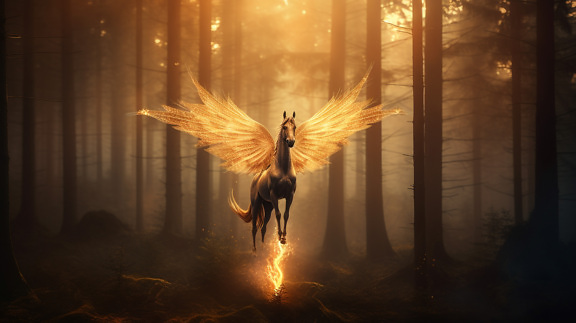 Majestic fairytale Pegasus with lacewings in magic fantasy forest