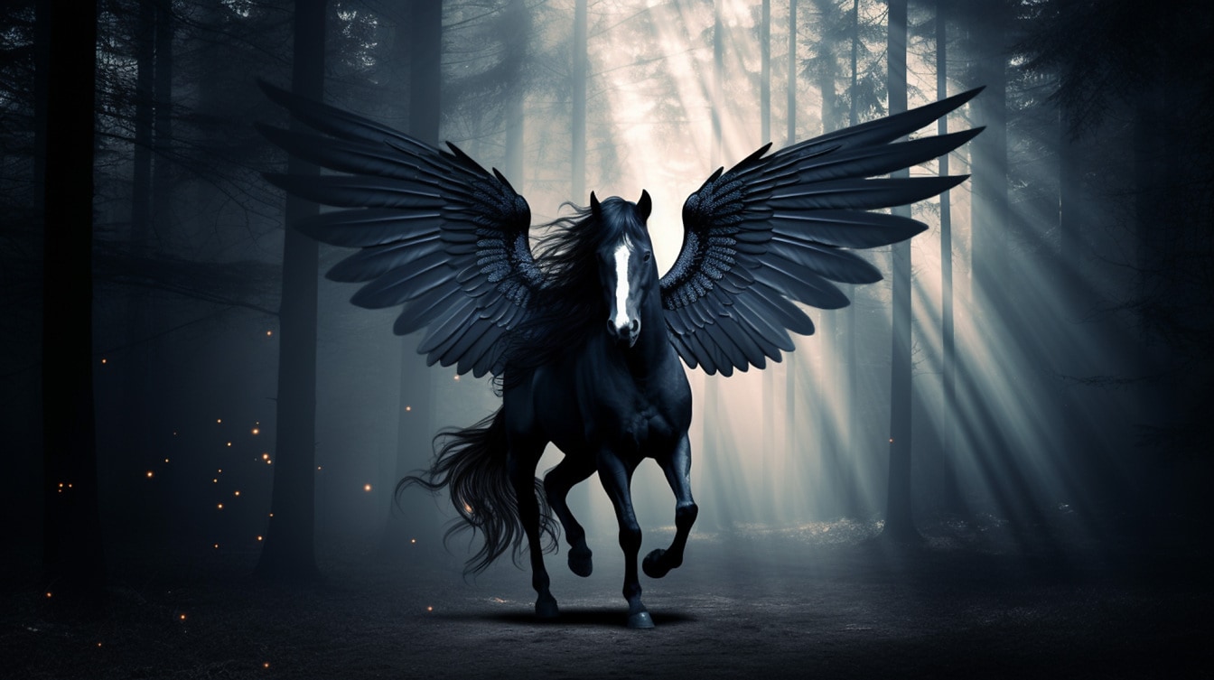 Majestátny Pegasus s čiernymi krídlami v tmavom lese