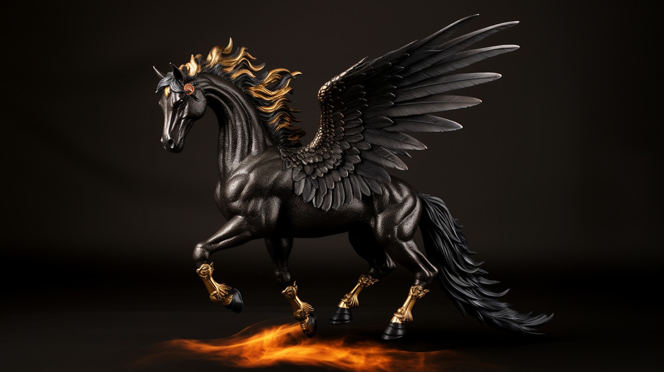 Illustration af skulptur af sort Pegasus i ild