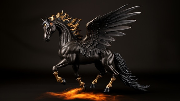 Illustration of sculpture of black Pegasus in fire