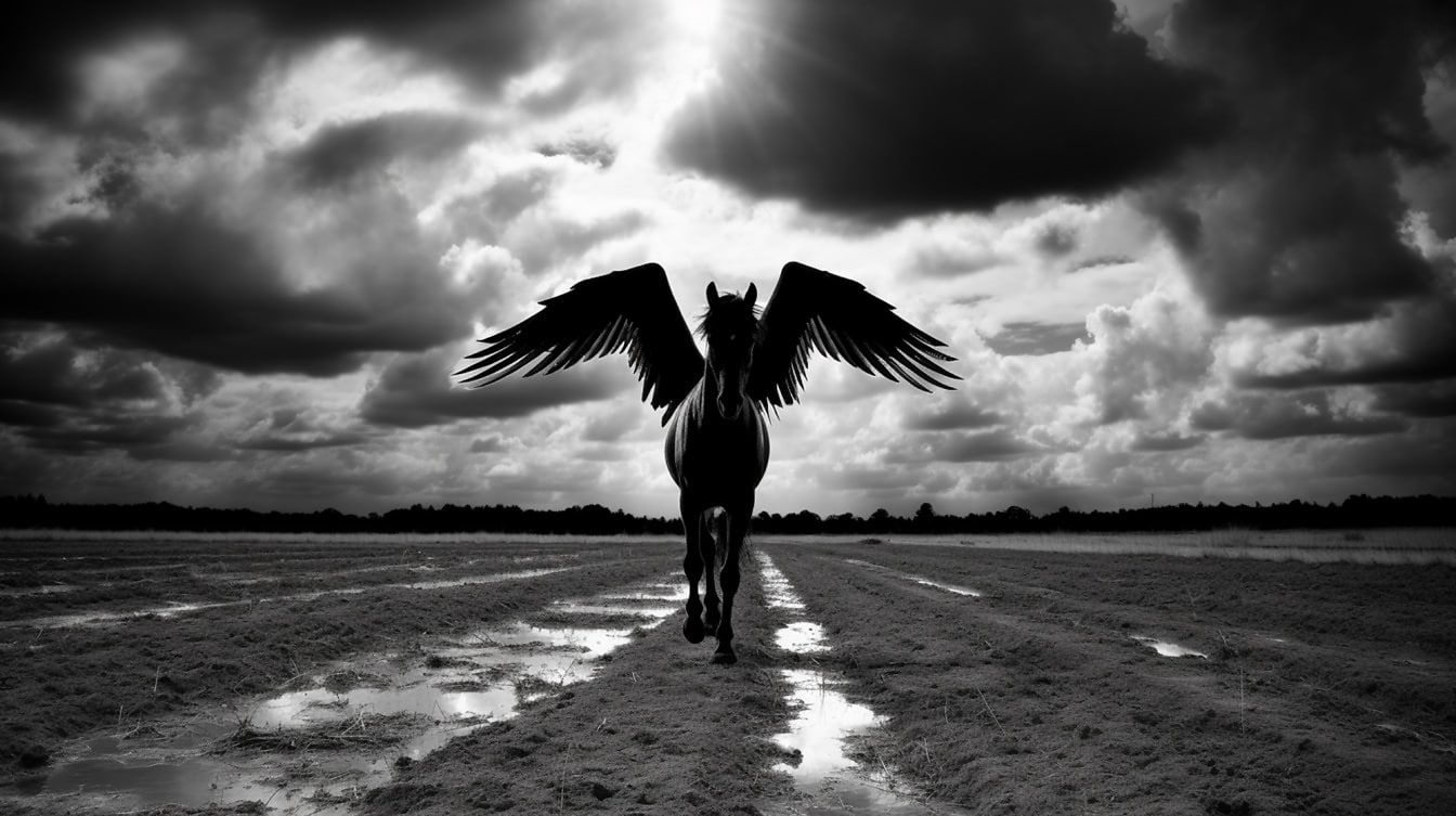 Minh họa đen trắng của sinh vật thần thoại Pegasus trên cánh đồng phẳng