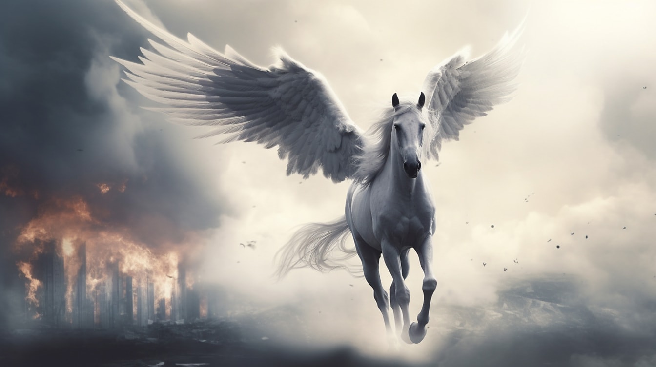 Thiên thần trắng thần thoại Pegasus bay trong ngọn lửa