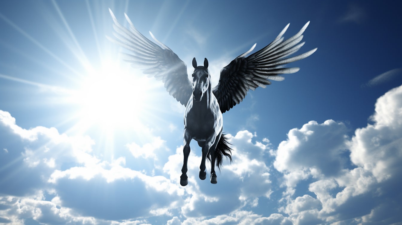 Majestátny biely Pegasus lietajúci v nebi so slnečnými lúčmi
