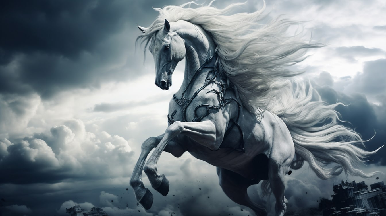 Majestic illustration of white muscular stallion with long hair