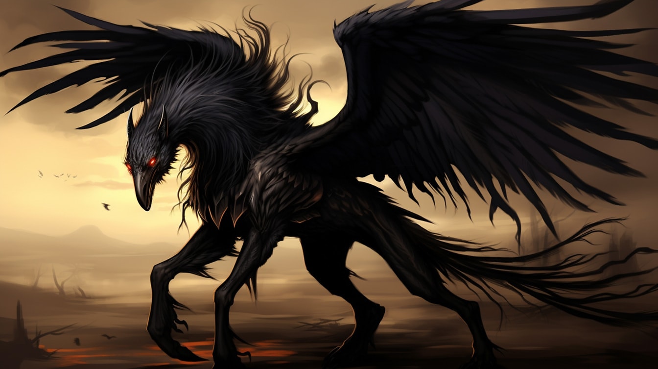 Makhluk fantasi mitologi horor dengan sayap hitam