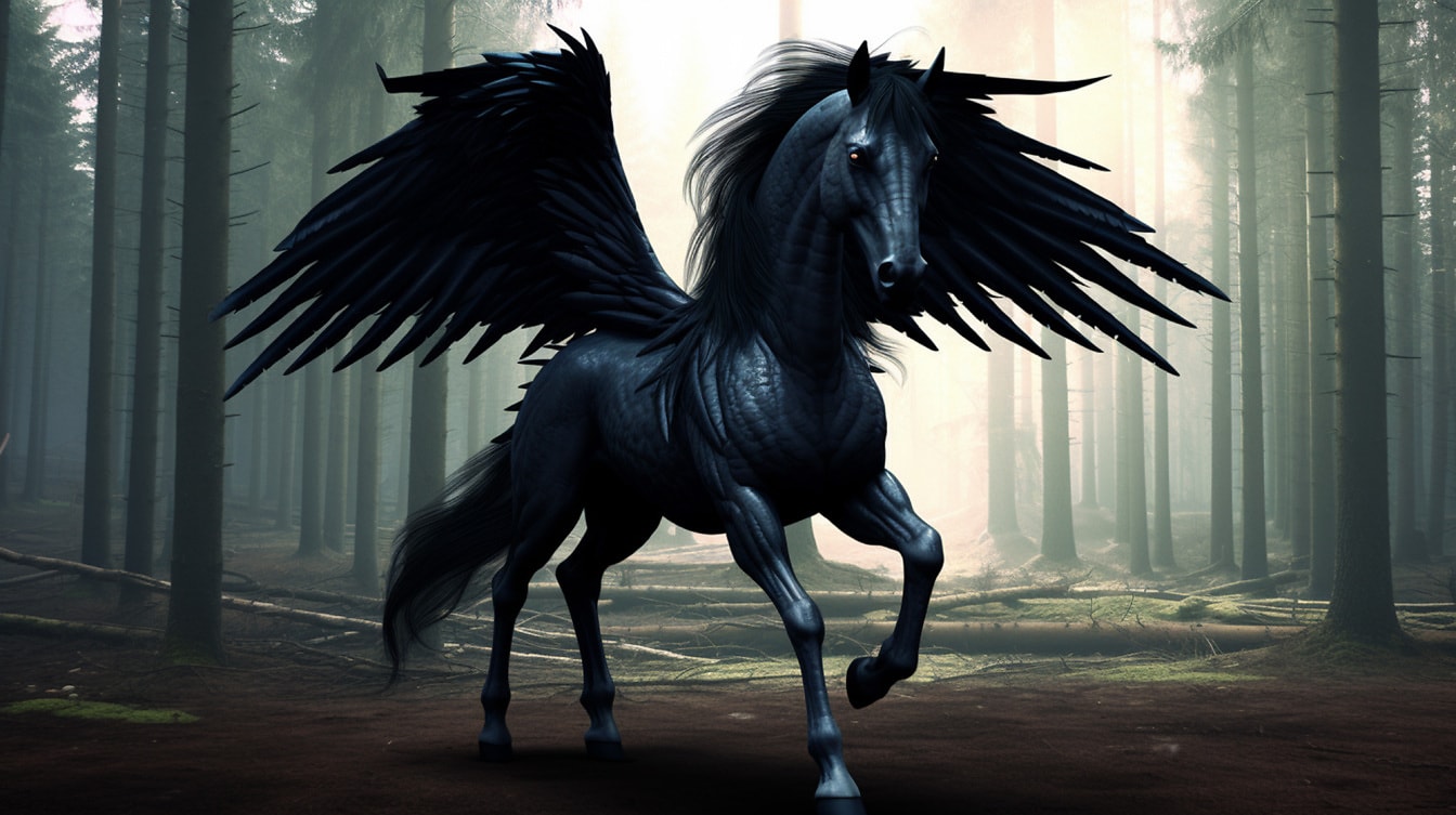 Creatura nera della mitologia fantasy Pegasus nella foresta oscura