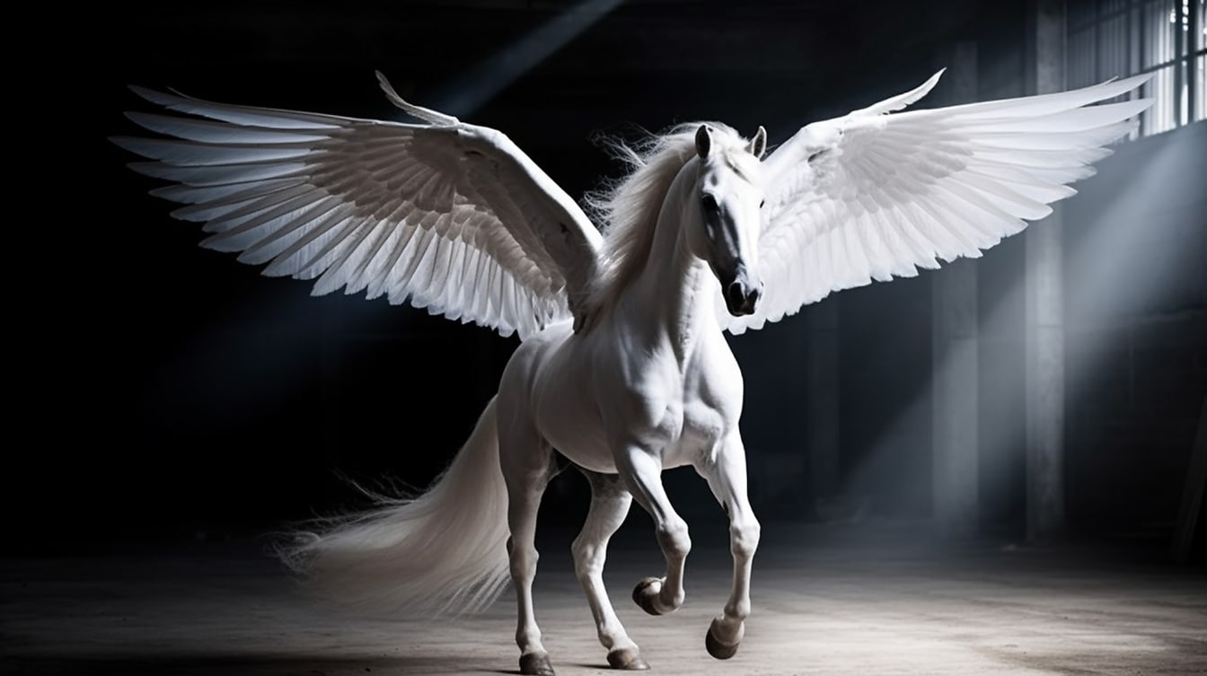 Gizemli mitoloji karanlık odada beyaz Pegasus meleği
