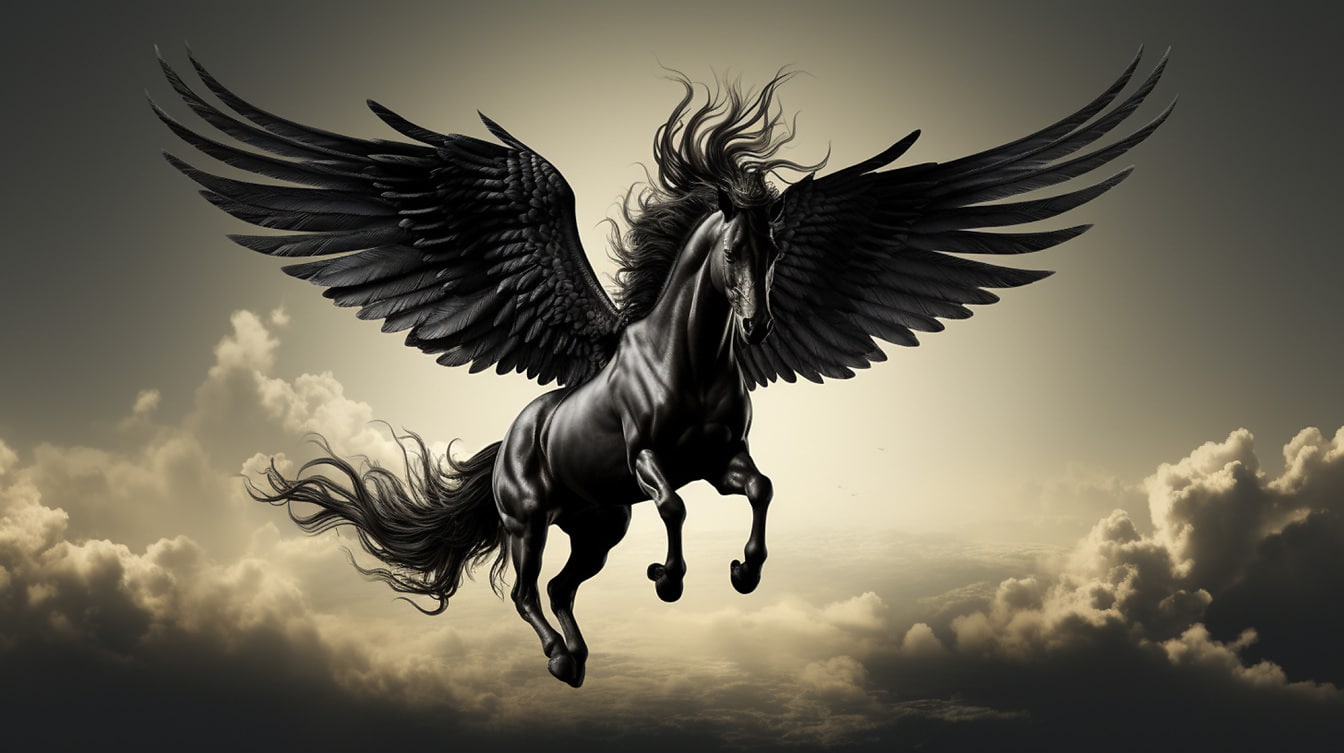 Geheimnisvolles Pegasus-Pferd mit majestätischen Flügeln, das am Himmel fliegt