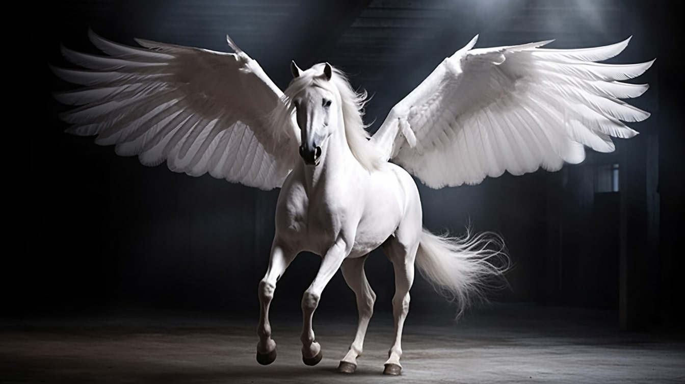 Calul din mitologia Angel Pegasus cu aripi albe strălucitoare