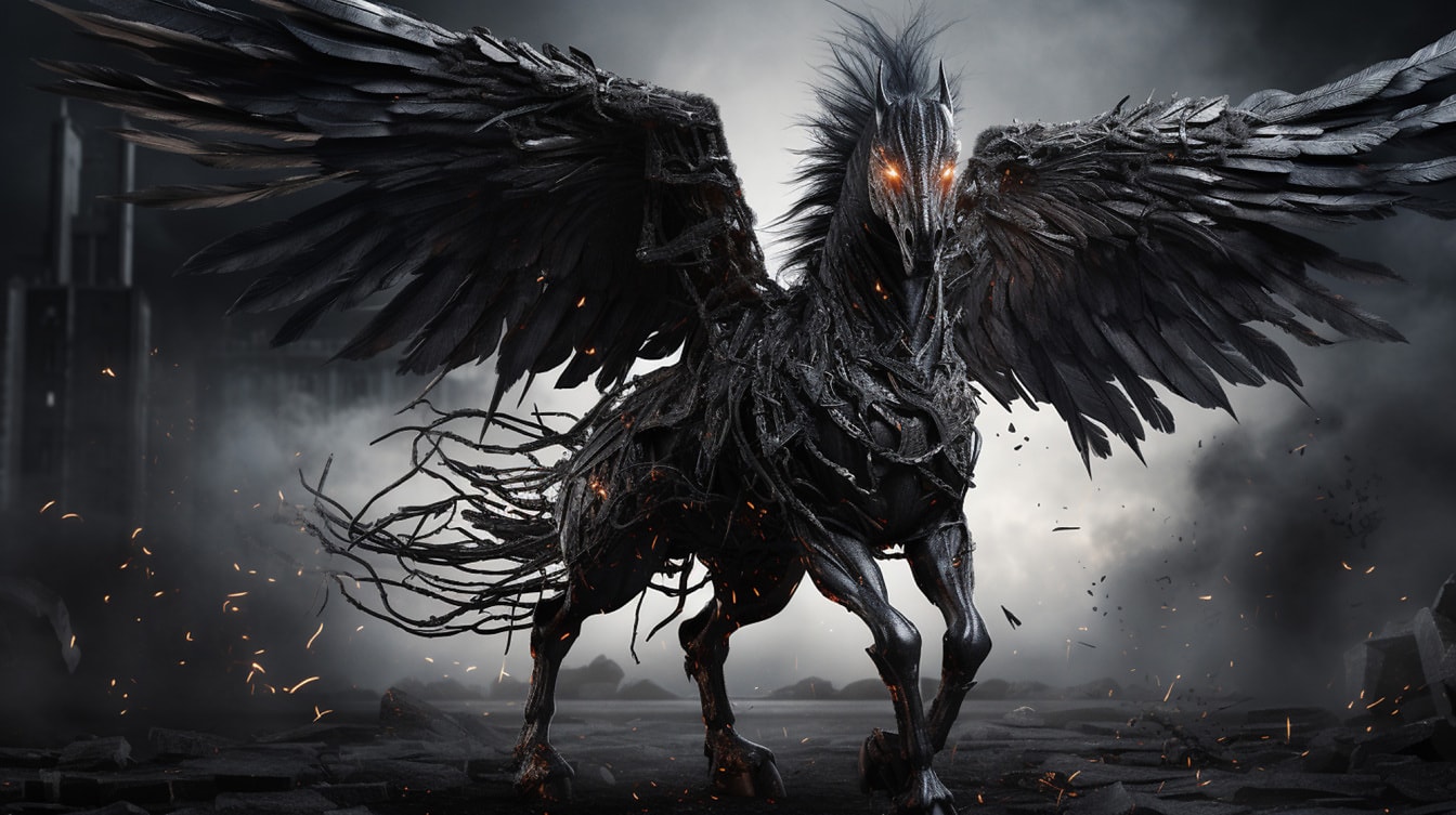 Horror illustration of black Pegasus with fire eyes