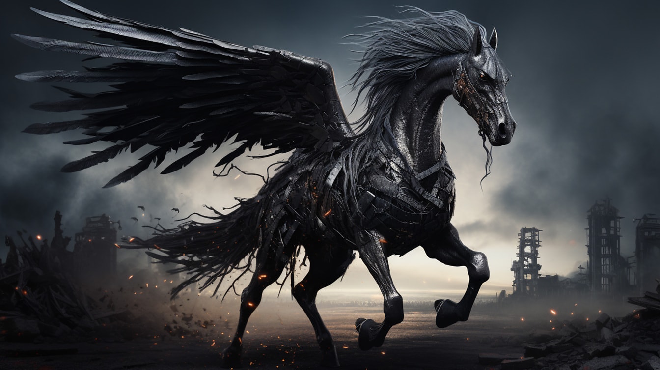 Svart skrekkillustrasjon av fantasimaskinen Pegasus