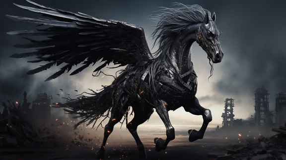 Black horror illustration of fantasy machine Pegasus