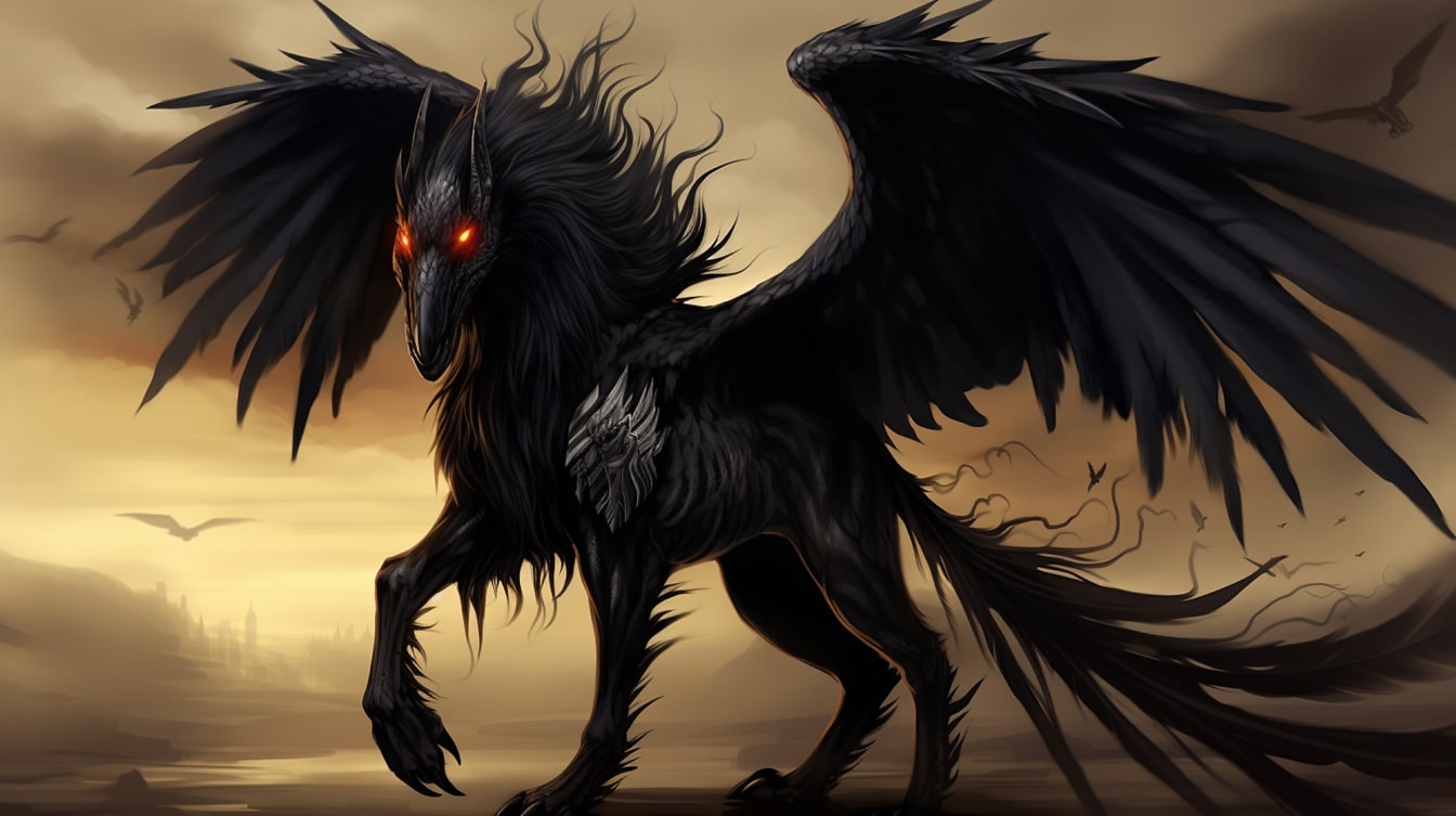 Makhluk hitam fantasi horor dengan mata merah gelap