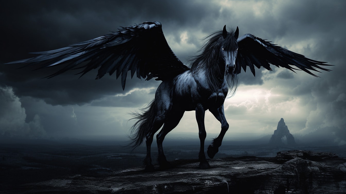 Sinh vật giả tưởng bí ẩn đen tối Pegasus trong hoàng hôn