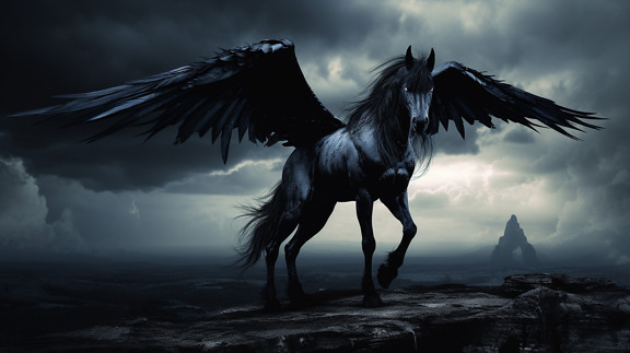 Mörk mystisk fantasivarelse Pegasus i skymning