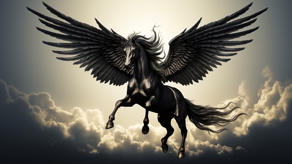 Mythology black Pegasus horse with wings in Heaven