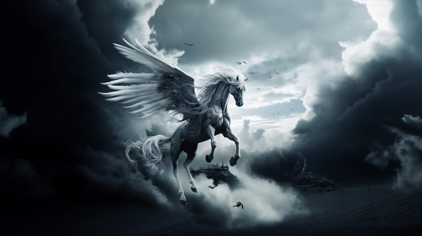 Cheval d’ange Pégase blanc de conte de fées avec des ailes au ciel