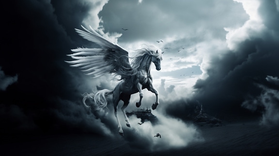 Приказен бял ангелски кон Пегас с крила в небето