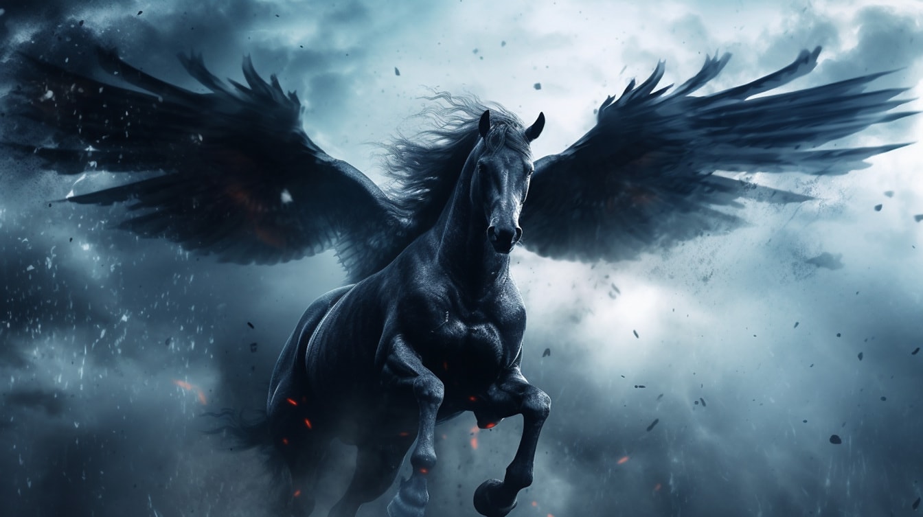 Con ngựa đen Pegasus chạy trong hình minh họa giả tưởng kinh dị