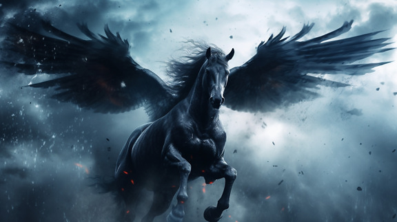 Black Pegasus stallion running in horror fantasy illustration