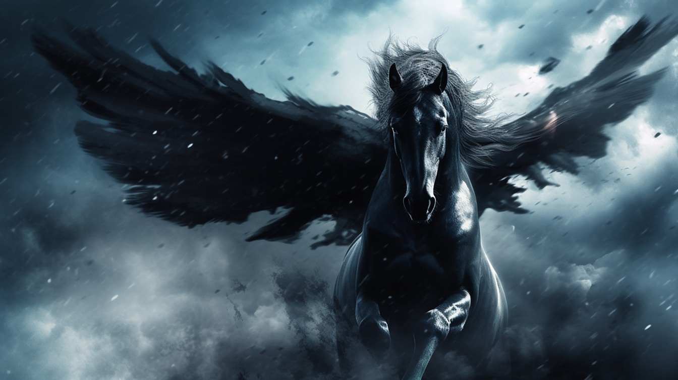 Közelkép a fenséges mitológia lováról, Pegazusról, amely a mennyben repül