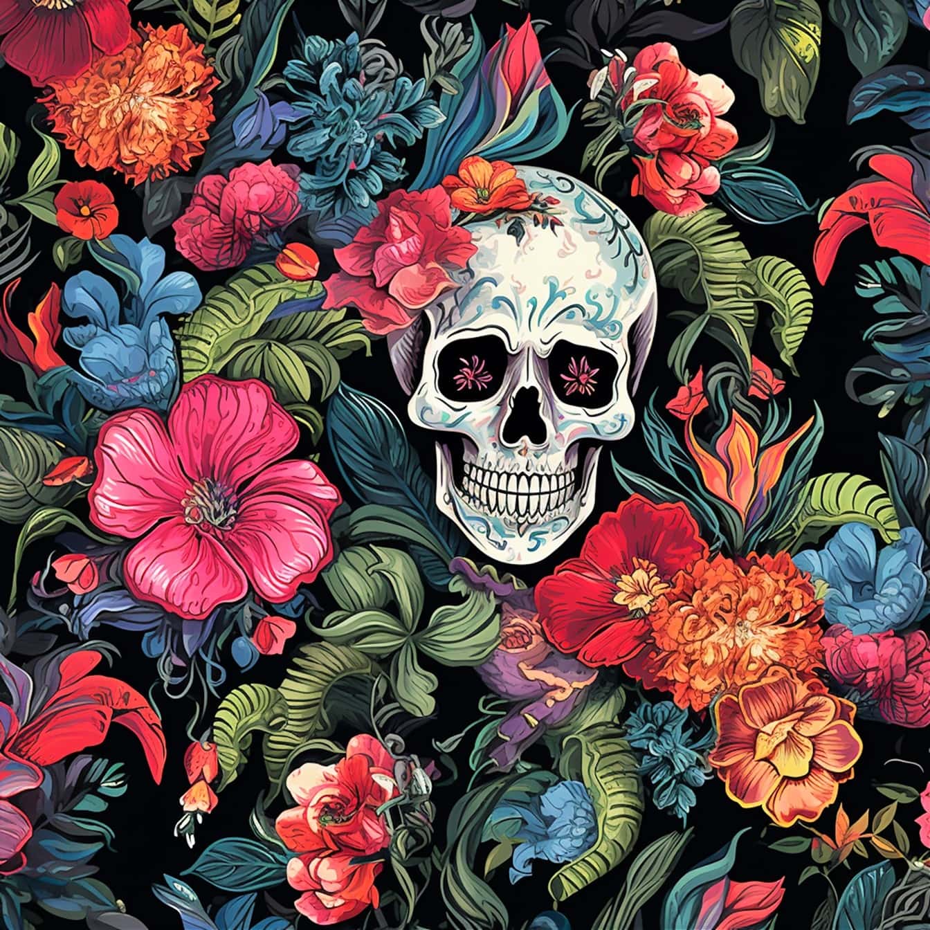 Aquarell uitstekende vrije stijlillustratie van schedel in bloemen