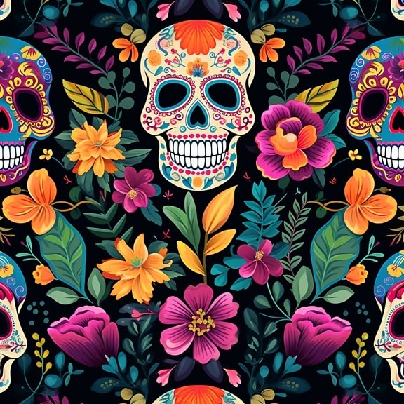 Colorful vintage funny artistic skull texture with decorative flowers