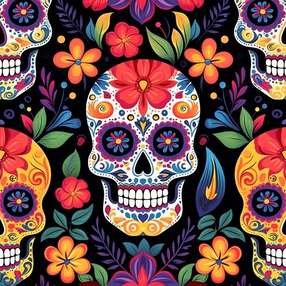 Colorful vector illustration with vintage skull pattern