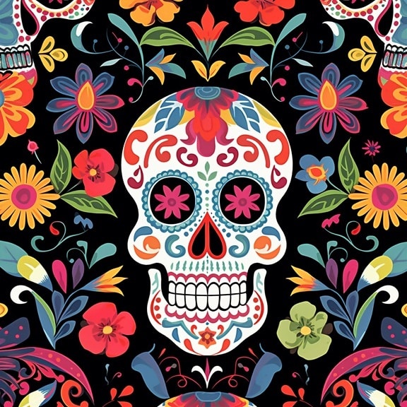 fri stil, mexicanske, kranium, årgang, illustration, Prydplante, dekoration