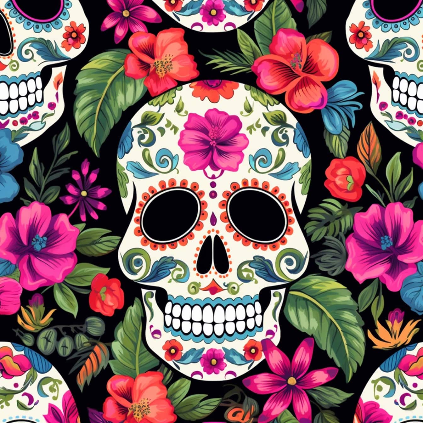 Colorful vintage illustration of skull in flowers