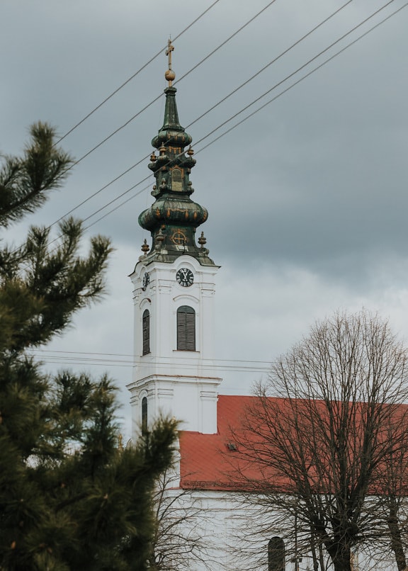 White church tower of orthodox church in Serbia