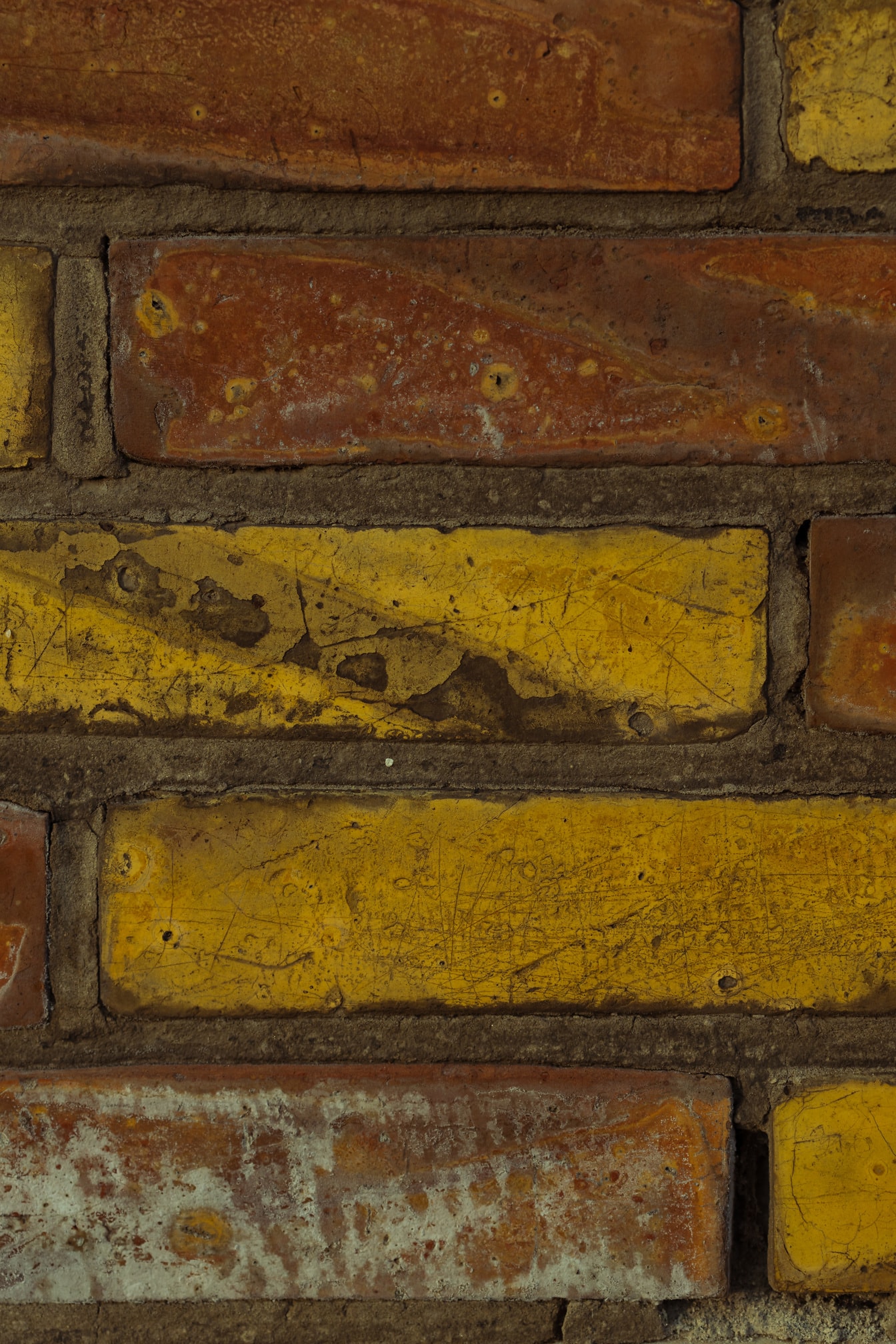 주황색 노란색과 진한 빨간색 벽돌 클로즈업 수평 벽돌
