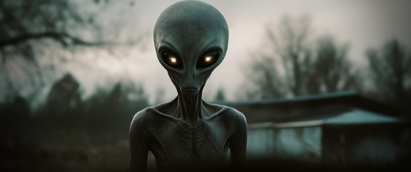 Close-up portrait of dark green alien with big head and eyes