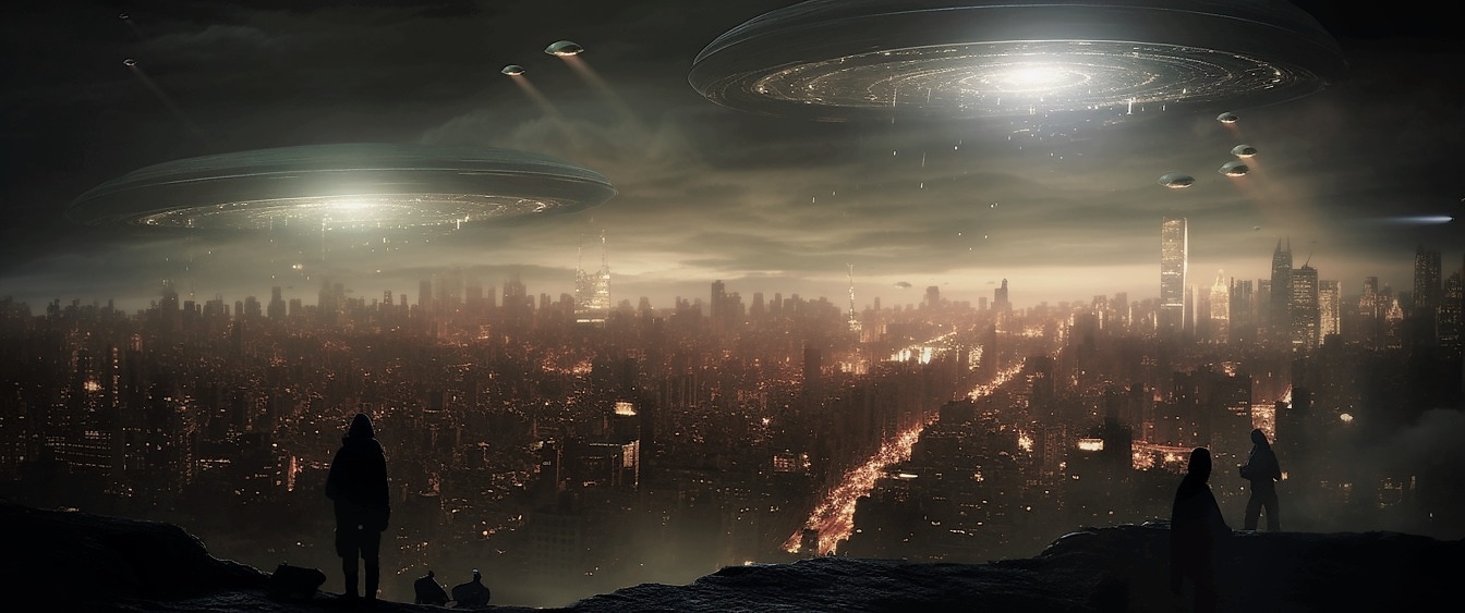 Ilustración surrealista de la invasión de naves espaciales alienígenas