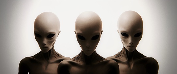 Portrait of three beige alien humanoid creature close-up