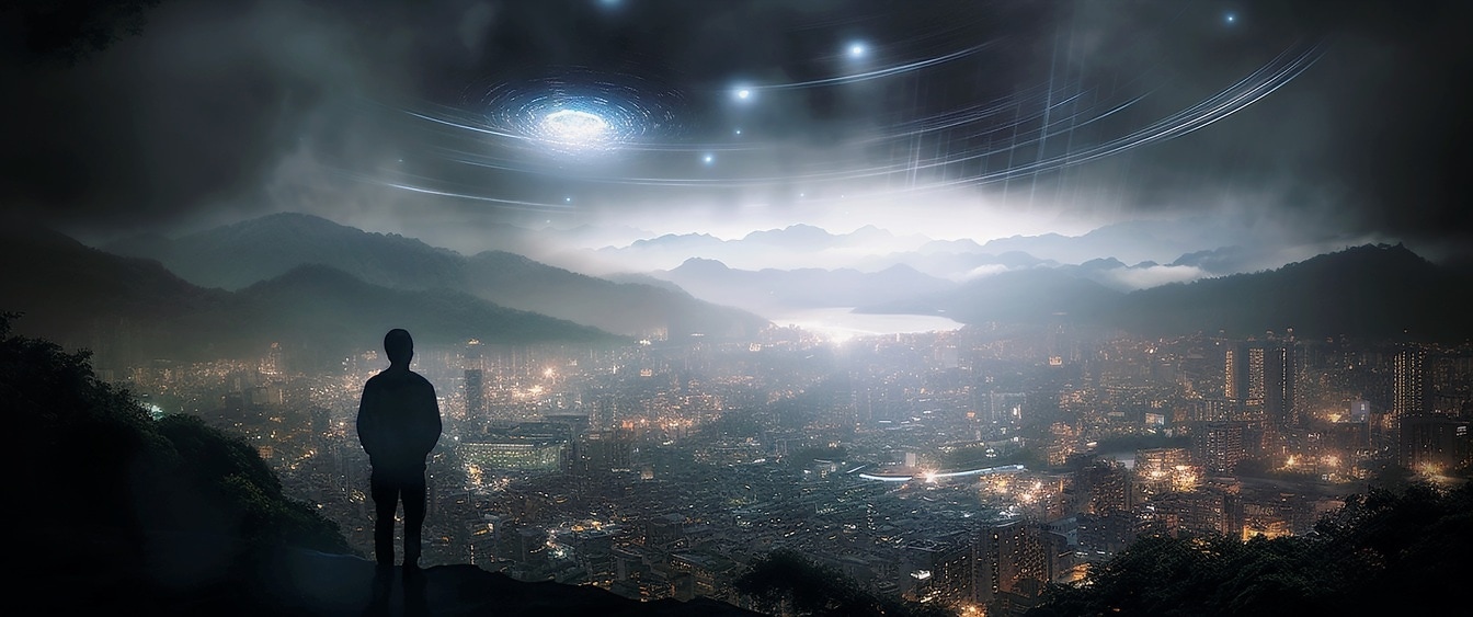 Ihmisen siluetti seisomassa surrealistisessa yöllisessä kaupunkikuvassa