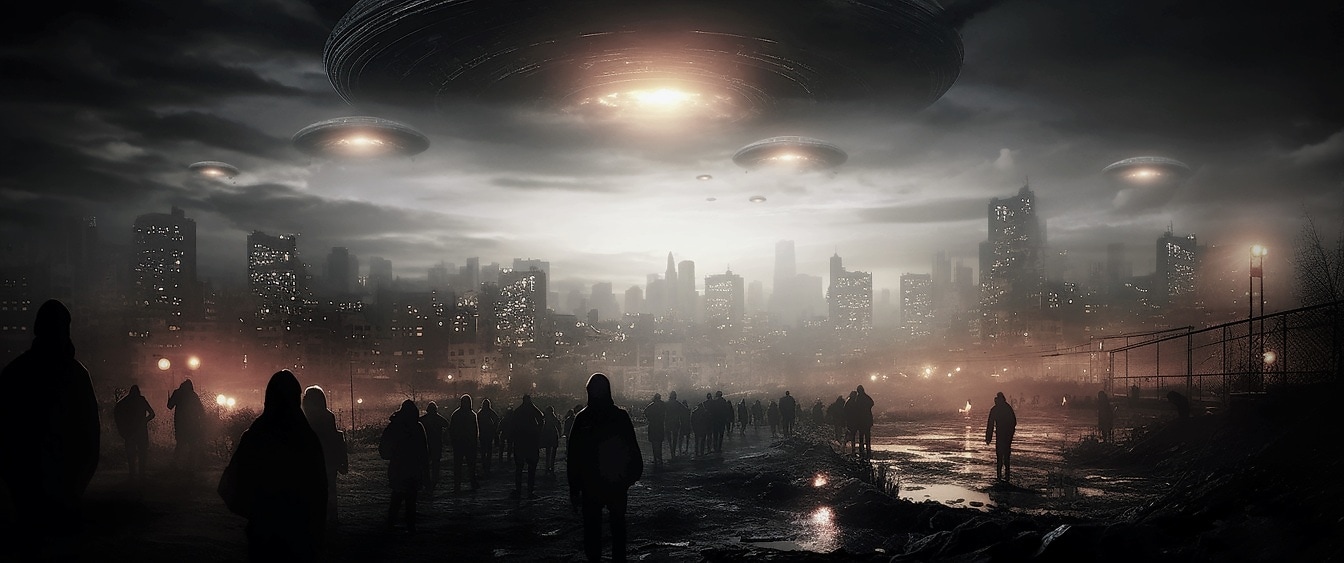 밤에 외계인 우주선 도시의 미래 그림