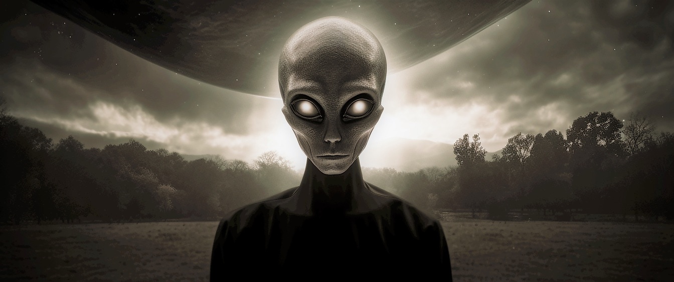 Portret de groază al unui extraterestru gri cu ochi albi strălucitori