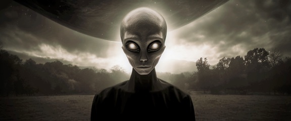 Horror portrait of grey alien with bright white eyes
