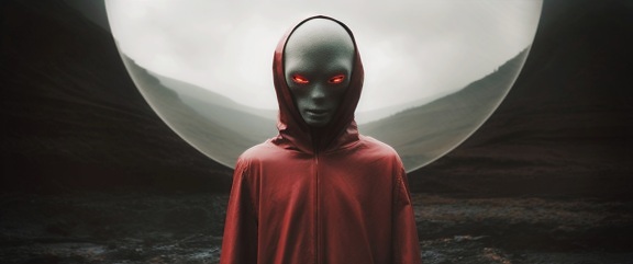 Graphic of grey alien with dark red eyes and jacket