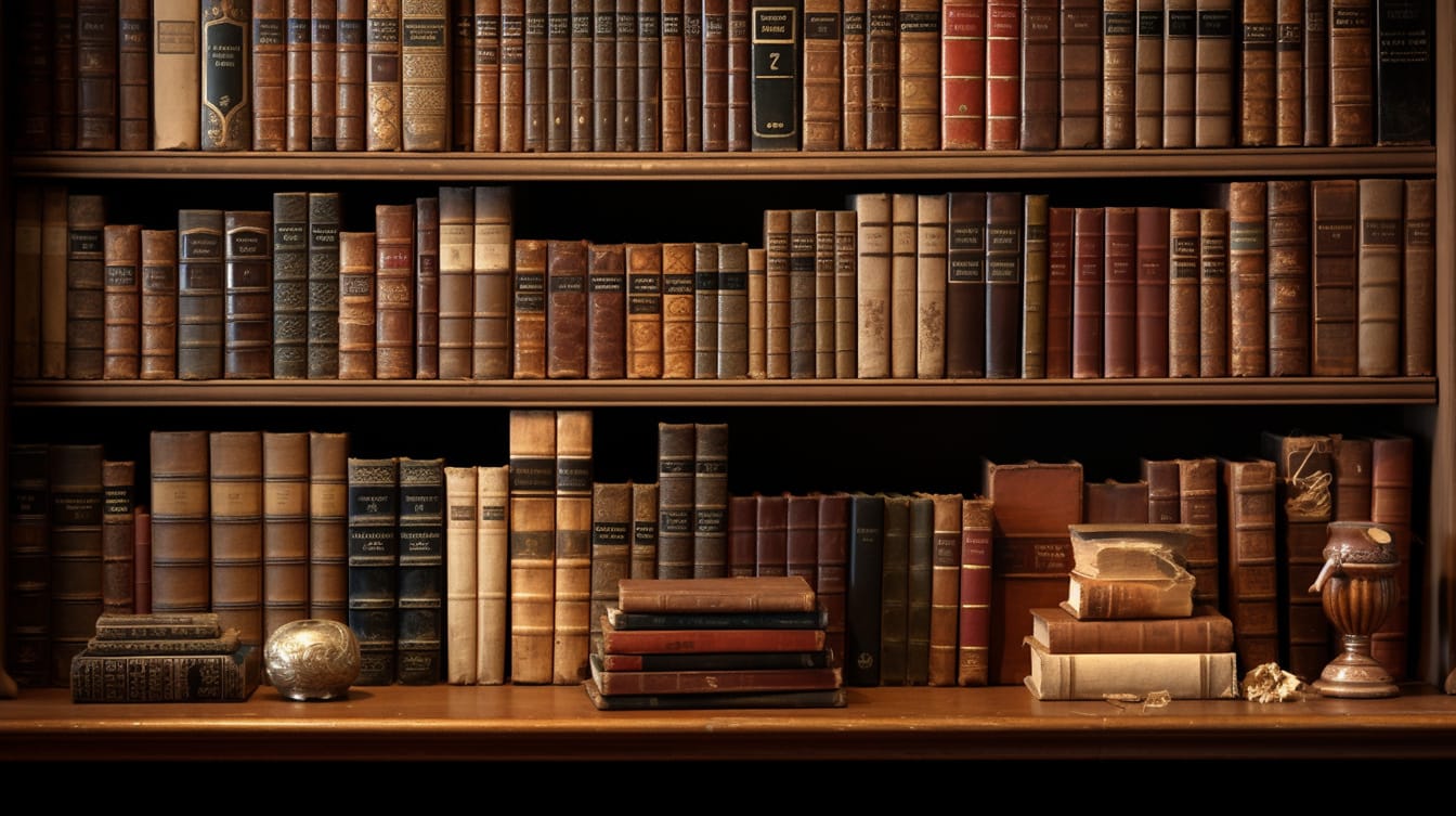 Gamle rustikke bibliotekbokhyller med mange bøker
