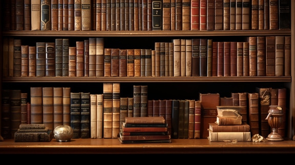 Old rustic library bookshelves with many books