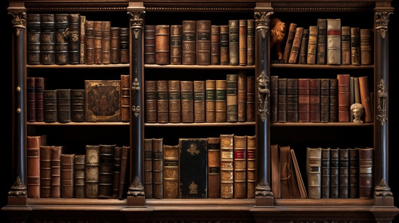 Handmade hardwood bookshelf in shadow with old rustic books