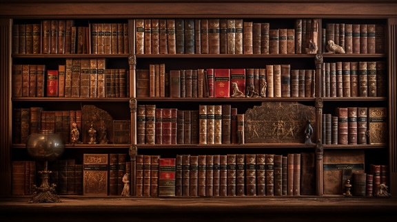 Interior of old style library with bookshelves with old books