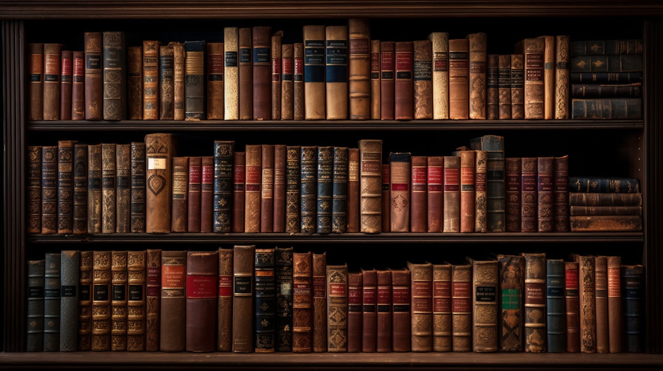 Ilustrasi buku-buku vintage tua di rak buku dalam bayangan