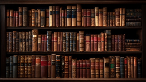 Illustration of old vintage books on bookshelves in shadow