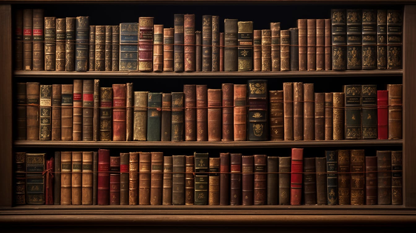 Many old style vintage books on bookshelves in dark library