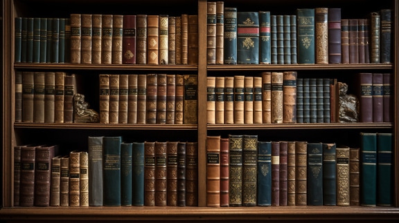 Close-up of bookshelves with old books in university library